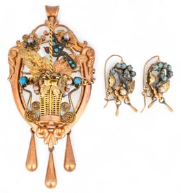 1890s Mexican 10K Mourning Brooch and Earrings