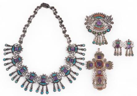 Matilde Poulat Sterling Silver Jewelry Suite: Matilde Poulat sterling silver jewelry&nbsp;suite including cross pendant, bird brooch, dangle earrings and matching necklace all with inlaid coral, amethyst, ad turquoise accented with sterling silve