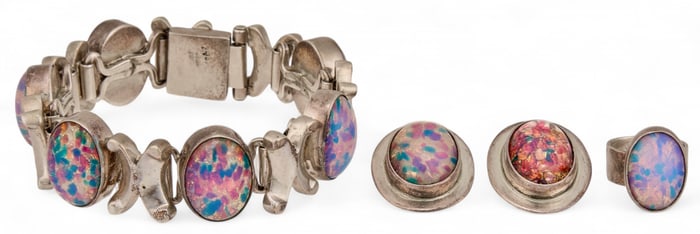 Mexican Sterling Silver Foil Inlay Jewelry Suite