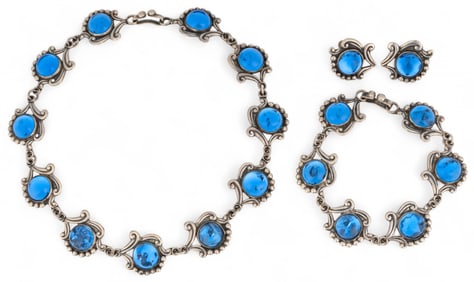Mexican Sterling Silver Blue Glass Jewelry Suite