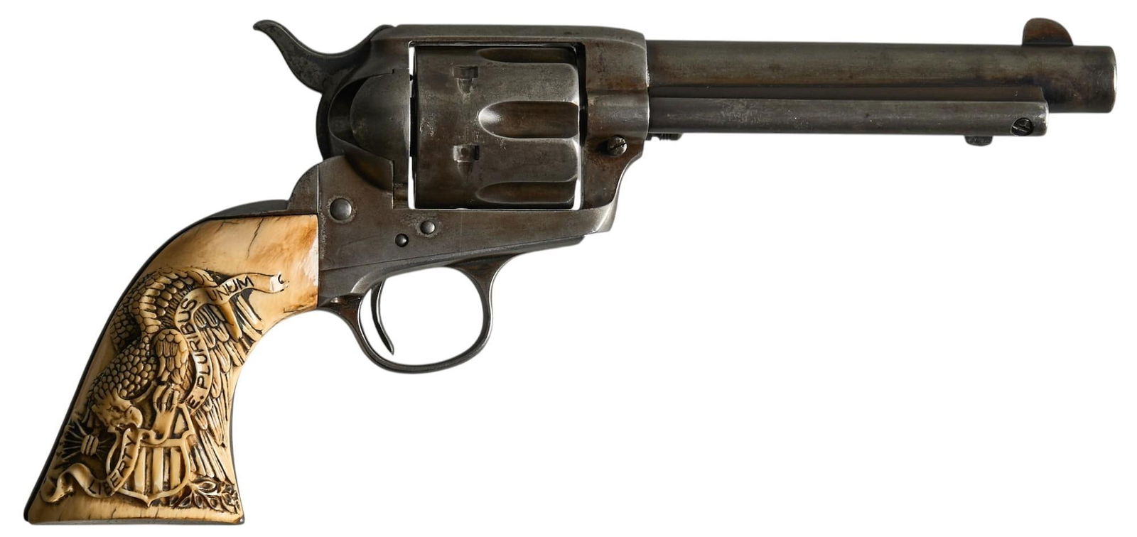 Colt 1873 Single Action Army 45 LC Revolver W/ Letter: Serial: 201659 Manufacturer: Colt's PT. F.A. Mfg. Co. (c. 1900) Model: 1873 Single Action Army Caliber: 45 LC Barrel length: 5.5 in. OAL: 11 in. Condition: Good; installed bone grips have moderate