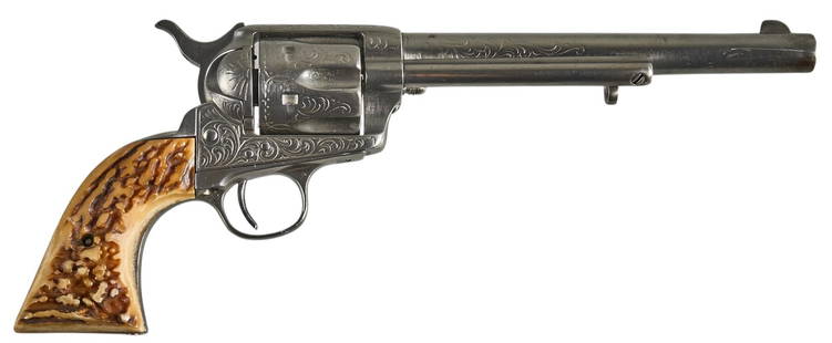 Engraved Antique Nickel Colt Single Action Army 45 LC Revolver: Serial: 33453 Manufacturer: Colt&#39;s PT. F.A. Mfg. Co. (c. 1877)Â  Model: 1873 Single Action Army (1st Gen.; black powder frame) Caliber: 45 LC Barrel length: 7.5 in. OAL: 13 in. Condition: Good-An