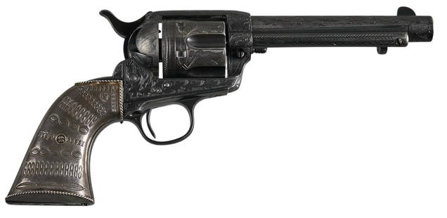 Beautiful Engraved Colt 1873 SAA 45 LC Revolver W/ Letter and Silver Grips: Serial: 317124 Manufacturer: Colt's PT. F.A. Mfg. Co. (c. 1911) Model: 1873 Single Action Army Caliber: 45 LC Barrel length: 5.5 in. OAL: 11 in. Condition: Good; installed silver grips have modera