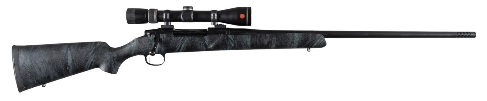 Custom MGA Model V Signature Classic 375 Wby Mag Rifle W/ Leica Scope: Serial: V0110 Manufacturer: Match Grade Arms Model: V Signature Classic Caliber: 375 Wby Mag Barrel length: 26 in. OAL: 47 in. Condition: Very Good; fiberglass stock has surface chip on cheek comb; ba