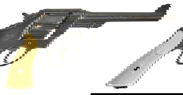 British Marked Smith & Wesson Hand Ejector 45 LC Revolver: Serial: 47330 Manufacturer: Smith &amp; Wesson Model: Hand Ejector Commercial Caliber: 45 LC Barrel length: 6.5 in. OAL: 11.75 in. Condition: Good; plastic grips have moderate wear; barrel has moderat