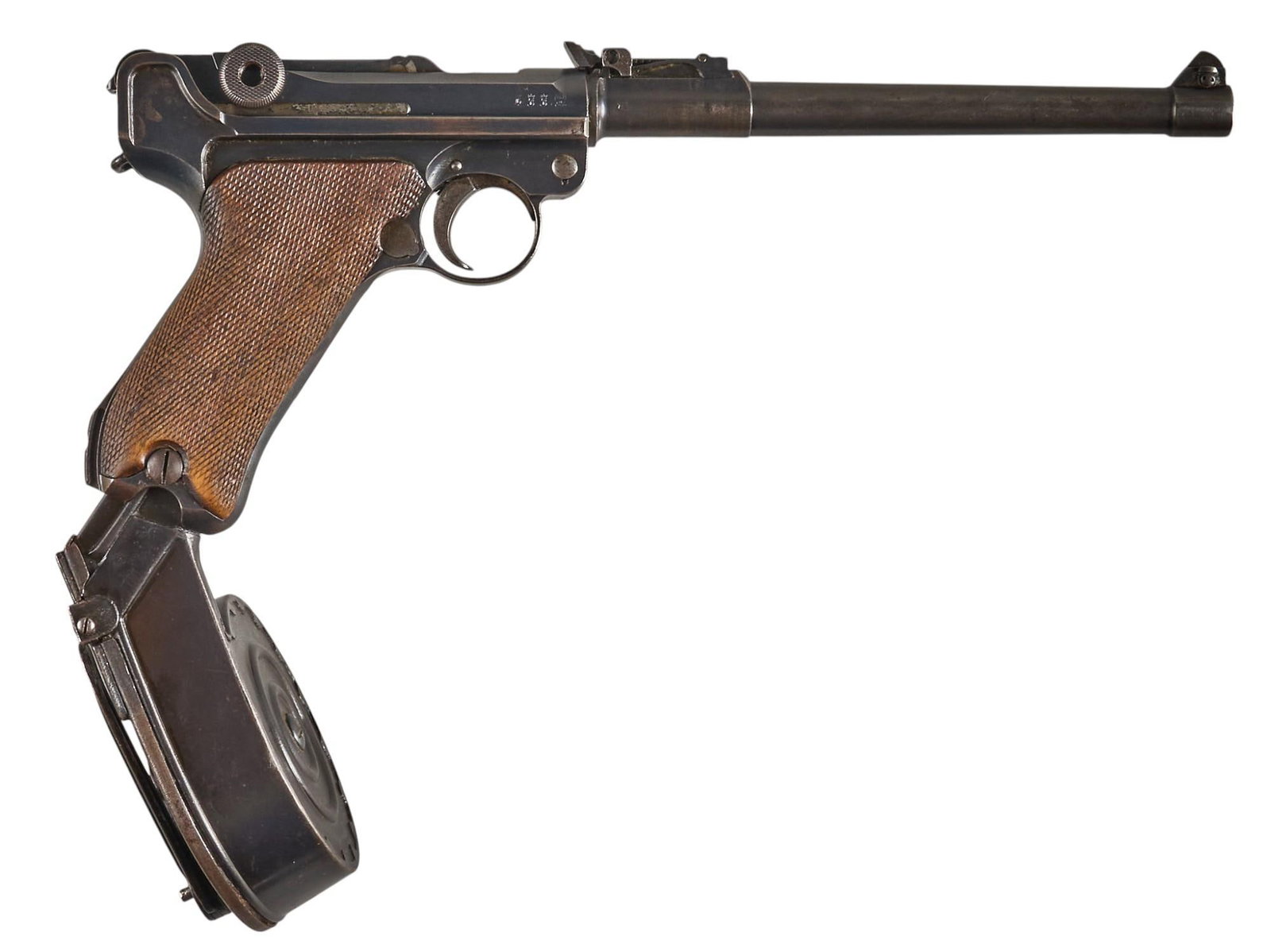 WWI Imperial German DWM P.08 Artillery Luger W/ Snail Drum Magazine: Serial: 2887b Manufacturer: DWM-Germany (c. 1916) Model: P.08 Artillery LugerÂ Caliber: 9mm Barrel length: 8 in. OAL: 12.5 in. Condition: Good; wood grips have moderate wear & patina commensurate
