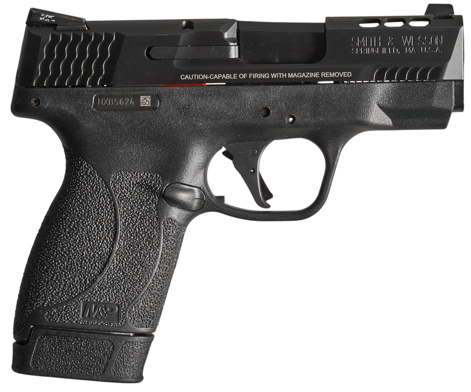 Smith & Wesson M&P Shield Performance Center 45 ACP Pistol: Serial: HXB5624 Manufacturer: Smith & Wesson Model: M&P Shiel Performance Center Caliber: 45 ACP Barrel length: 3.25 in. (ported) OAL: 6.5 in. Condition: Good;Â light wear & handling mark