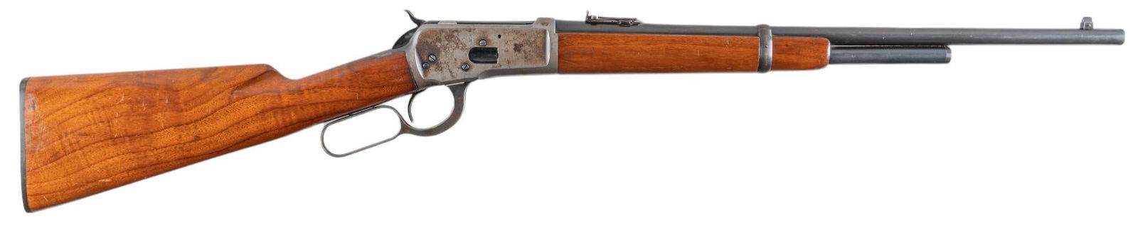 Winchester Model 1892 38-40 Lever Action Rifle: Serial: 687837 Manufacturer: Winchester (c. 1912) Model: 1892 Caliber: 38-40 Barrel length: 20 in. OAL: 37.25 in. Condition: Good; stock & forend have light wear & handling marks with pressure