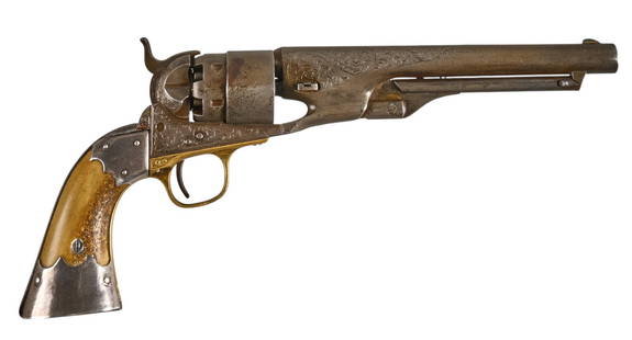 Antique Engraved Colt 1860 Army 44 Cal. Revolver W/ Silver Mounted Stag Grips: Serial: 130918 Manufacturer: Colt's PT. F.A. Mfg. Co. (c. 1863) Model: 1860 Army Caliber: 44 cal. Barrel length: 8 in. OAL: 14Â in. Condition: Good-Antique; grips have moderate wear; silver mount