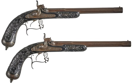 Beautiful Dutch Carved Ebony Dueling Percussion Pistols W/ Gold Overlay