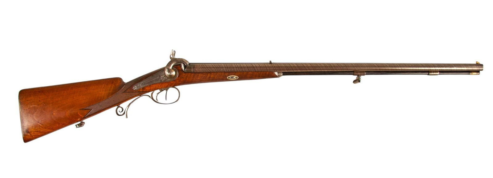Fine German Engraved Friederich Bauernfeind SXS Combination Cape Gun: Manufacturer: Friederich Bauernfeind-Heidelberg, Germany Model: SXS Combination Cape Gun Caliber: Left-approx. 13.4mm rifled; right-approx. 28 gauge Barrel length: 27.375 in. OAL: 44 in. LOP: 14.125 i