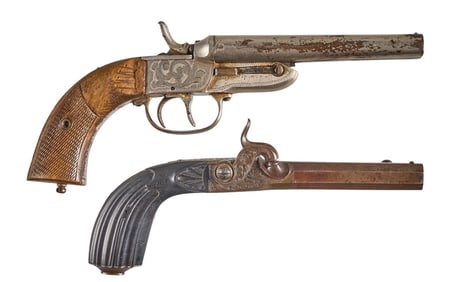 Engraved Belgian 11mm Boot Knife Pistol and Spanish SXS Pistol