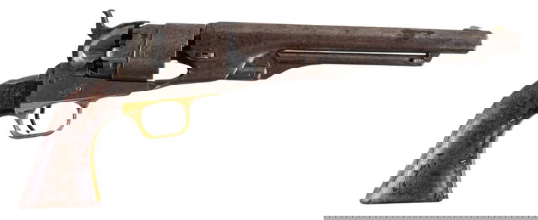 Antique Colt 1860 Army 44 Cal Percussion Revolver: Serial: 98191 Manufacturer: Colt (c. 1863) Model: 1860 Army Caliber: 44 Cal. Barrel length: 8 in. OAL: 13.75 in. Condition: Good-Antique; wood grips have significant wear &amp; patina commensurate w/