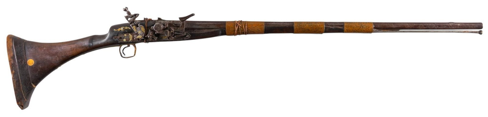 Antique Moroccan 58 Cal. Snaphaunce Musket: Manufacturer: Morocco Model: Snaphaunce Caliber: approx. 58 cal. Barrel length: 36 in. OAL: 47.5 in. Condition: Fair-Antique; wood stock has significant wear throughout w/ splitting & chipping; barrel