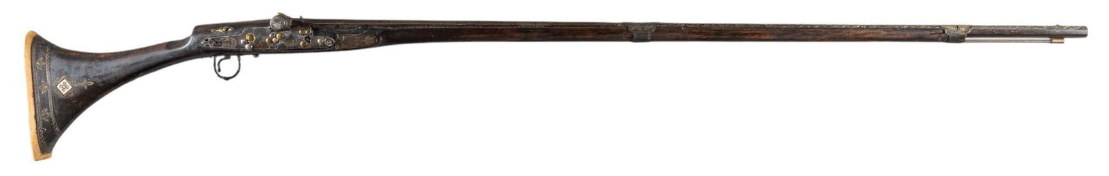 19th C. Moroccan 61 Cal. Snaphaunce Musket: Manufacturer: Unknown Model: Snaphaunce Caliber: approx. 65 cal. Barrel length: 44 in. OAL: 60 in. Condition: Fair (as-is); stock has moderate wear w/ some cracking in front of the lockplate & som