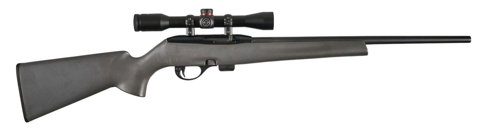 Remington Model 597 22 LR Semi Auto Rifle: Serial: B2783434 Manufacturer: Remington Arms Co. Model: 597 Caliber: 22 LR Barrel length: 20 in. OAL: 38.5 in. Condition: Good; synthetic stock has moderate wear/handling marks; barrel & receiver