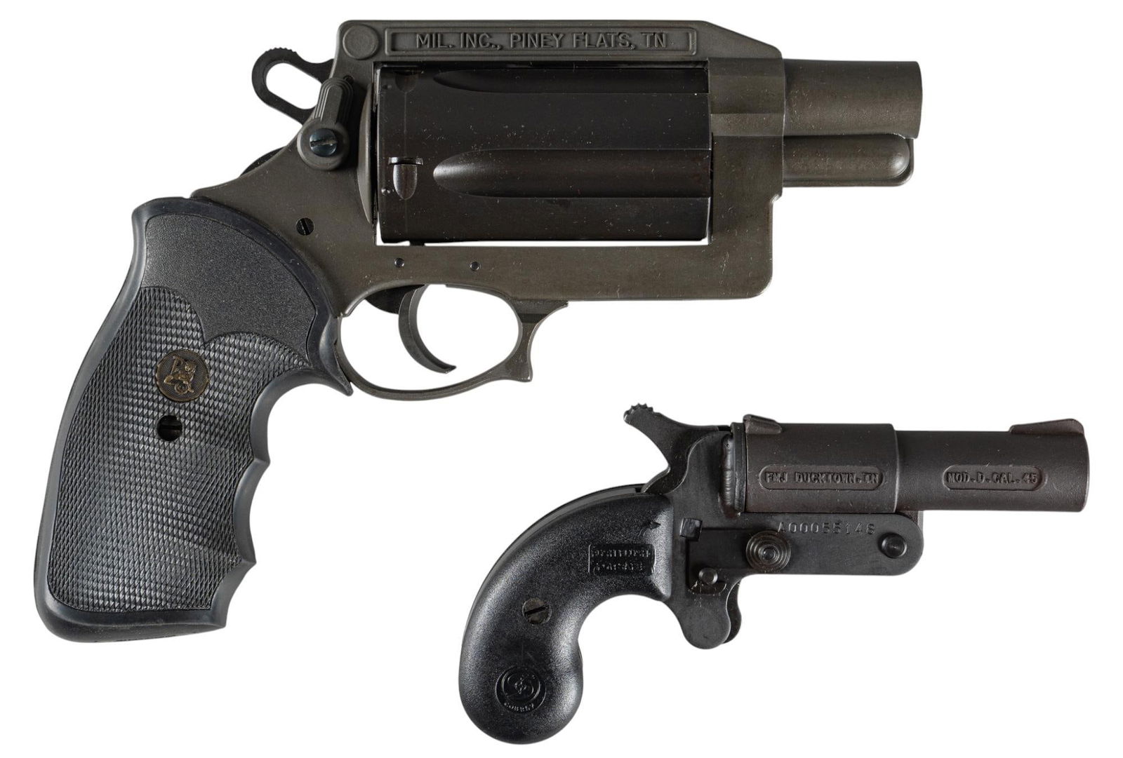 Pair of 45 LC / 410 Bore Handguns: Serial: (1) A00055148; (2) 6587 Manufacturer: (1) Cobray FMJ-Ducktown, TN; (2) Mil. Inc.-Piney Flats, TN Model: (1) D; (2) Thunder FiveÂ Caliber: 45 LC / 410 bore Barrel length: (1) 2.325 in.; (2) 2