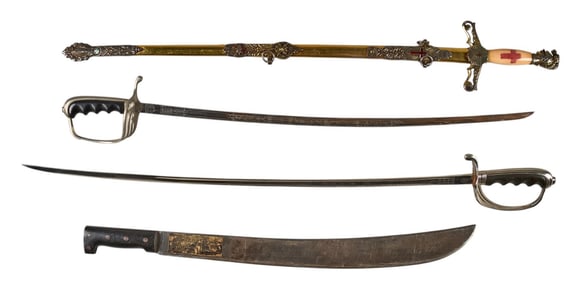 Lot of 4 Swords and Machete: US M1902 Sabers, Fraternal Sword and 1942 US Legitimus