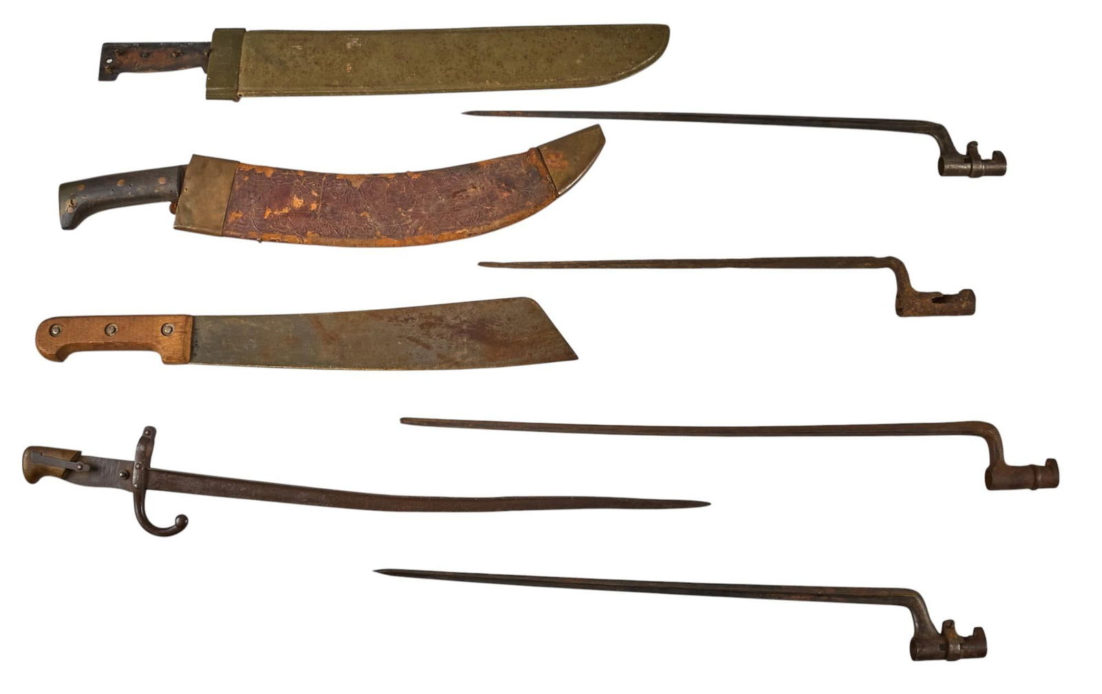 Lot of 8 Military Machetes and Bayonets: Lot of 8 Military Machetes and bayonets Includes: -WWI Collins No. 1005 US ArmyÂ Engineers Bolo machete; w/ leather & brass sheath; poor condition; 21.5 in. long w/ sheath -WWII British HM &