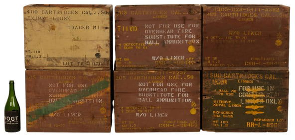 Collection of 6 Vintage Wooden .50 Cal. Ammunition Crates