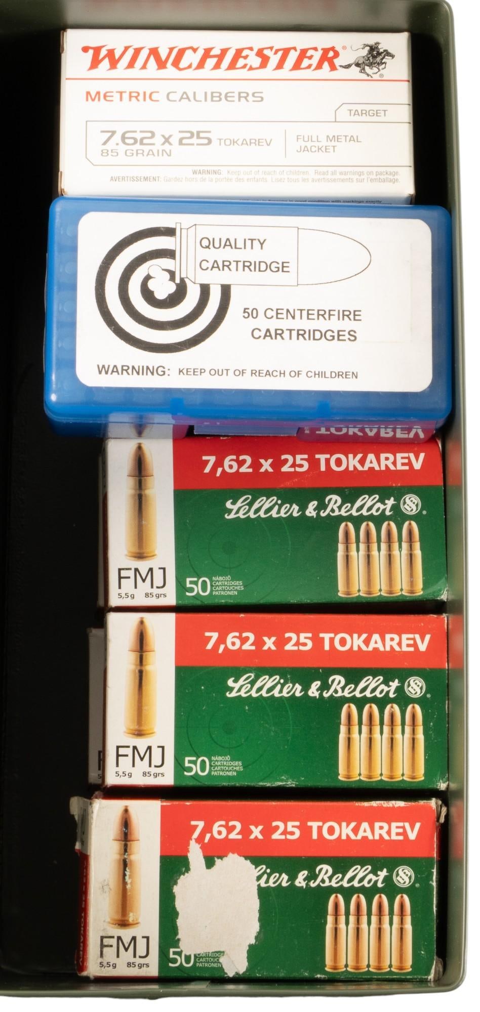 813 Rounds of Mixed 7.62x25 Tokarev Ammunition: Includes: -713 rounds of Sellier & BellotÂ 85gr FMJ 7.62x25 Tokarev -50 rounds of Winchester 85gr FMJ 7.62x25 Tokarev -50 rounds of 7.62x25 Tokarev 85gr XTP (marked CZ-52 only) -1 Ammo Can Proven