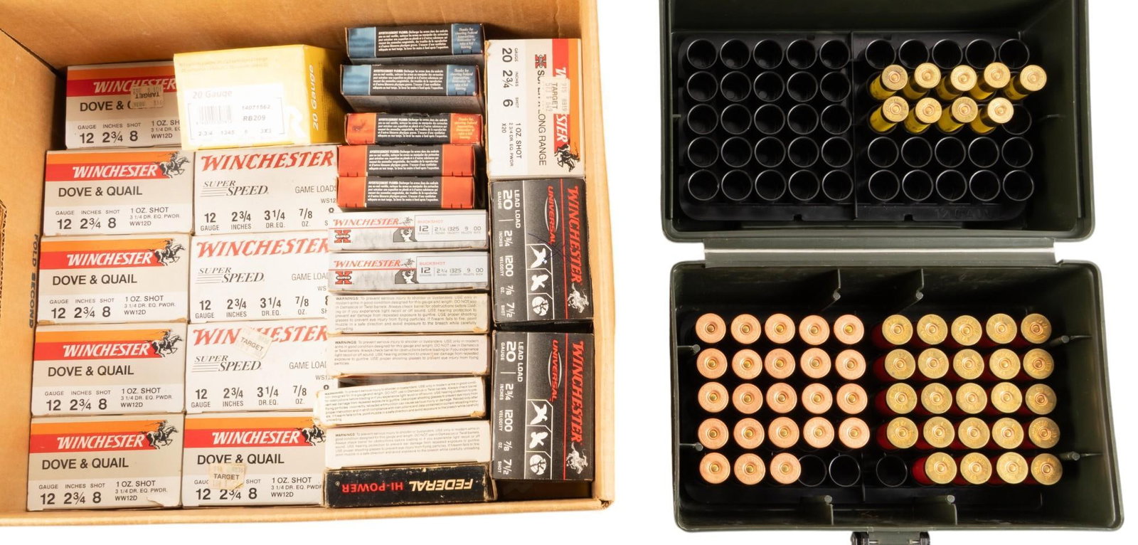 664 Rounds of Mixed 20GA & 12GA Ammunition: Includes: -215 rounds of Rio 2.75 in. 9 Pellet 3x3 Buck 20GA -20 rounds of Remington Express 2.75 in. 20 Pellet #3 Buck 20GA -10 rounds of Federal 3 in. 18 Pellet #2 Buck 20GA -10 rounds of Federal Pr