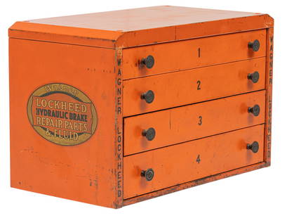 Vintage Wagner Lockheed Garage Metal Tool Chest: Vintage 1940s/50s Wagner Lockheed garage advertising chest with orange paint, four labeled drawers, and some left over tools height 14.5 in. x width 13 in. x depth 22 in. Provenance: