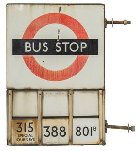 Vintage Bus Stop Sign: Vintage &#39;Bus Stop&#39; sign with&nbsp;red circle with a black bar reading &#39;Bus Stop&#39; and route number display, circa mid 20 century&nbsp; height 26 in. x width 23 in. x depth 3 in. Provena