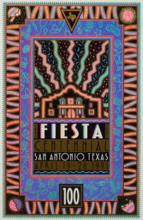 1991 Fiesta San Antonio Centennial Poster: Fiesta San Antonio Centennial poster, 1991, commemorating the 100th anniversary of Fiesta in San Antonio, Texas, dated April 19-28, 1991, framedframe: 39.75 x 26.75 in., sight: 36.5 x 24