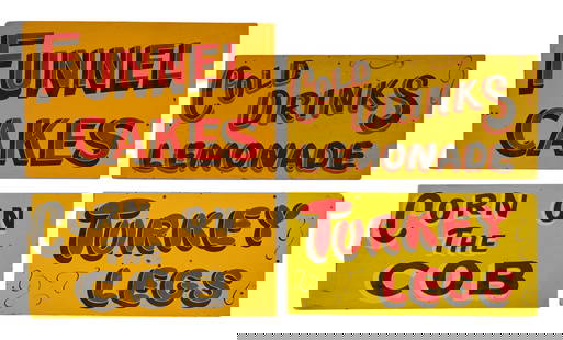 (4) Painted Vendor Signs: Set of four&nbsp;hand-painted wooden vendor signs advertizing various carnival foods with one double-sided sign for &quot;corn on the cob&quot;, one single-sided sign for &quot;funnel cakes&quot;, one
