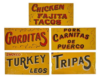 (5) Painted Vendor Signs: Set of five hand-painted wooden vendor signs, with one double-sided sign&nbsp;for &quot;smoked turkey legs&quot;, one double-sided sign for &quot;Tripas (tripe)&quot;, one single-sided sign for &quot;