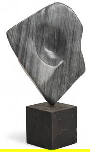 Abstract Carved Stone Sculpture on Base: Abstract carved stone sculpture on a black stone base, signed &quot;Hobson&quot; on base height 20.5 in. x width 14.5 in. x width 7 in Provenance: Property from the estate of Sylvia Flores, from her l