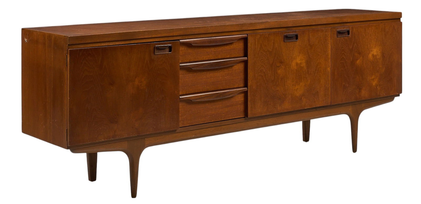English Mid-Century Credenza: English mid-century credenza with three cabinet doors that open to interiors storage spaces, and three drawers, supported on pin legs, dated on back May, 1964 height 30.5 in. x width 86.5 in