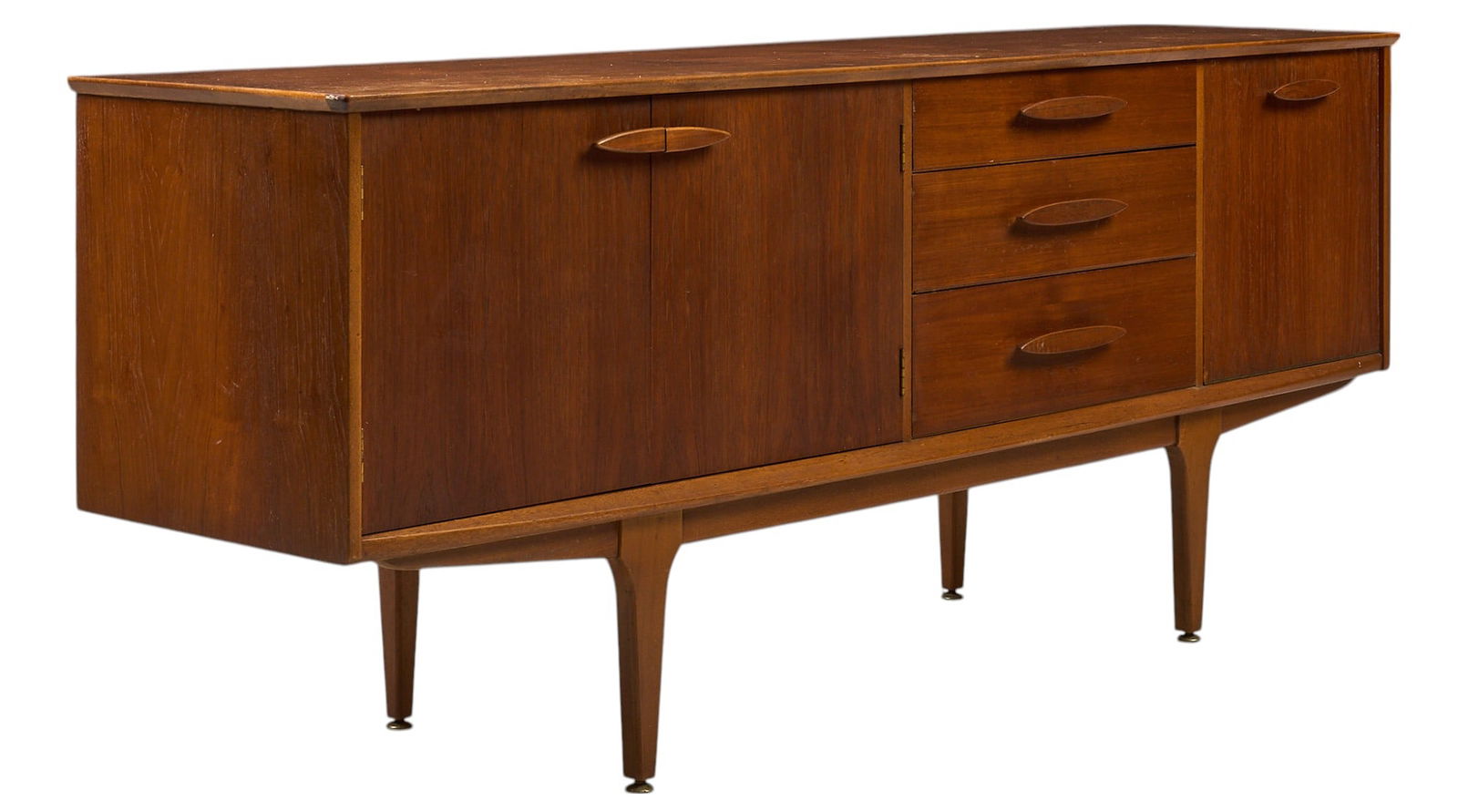 English Mid-Century Credenza: English mid-century credenza with pair of cabinet doors that open to interior with single shelf, stack of three drawers, and drop door that reveals interior with curved shelf, supported height 2