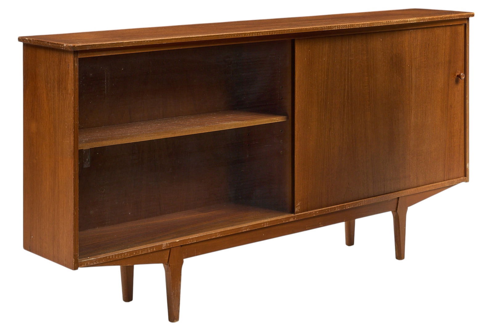 English Mid-Century Credenza: English mid-century credenza with sliding wooden and glass doors that open to interiors with removable shelves, supported on shaped legs height 31 in. x width 61 in. x depth 11 in. 