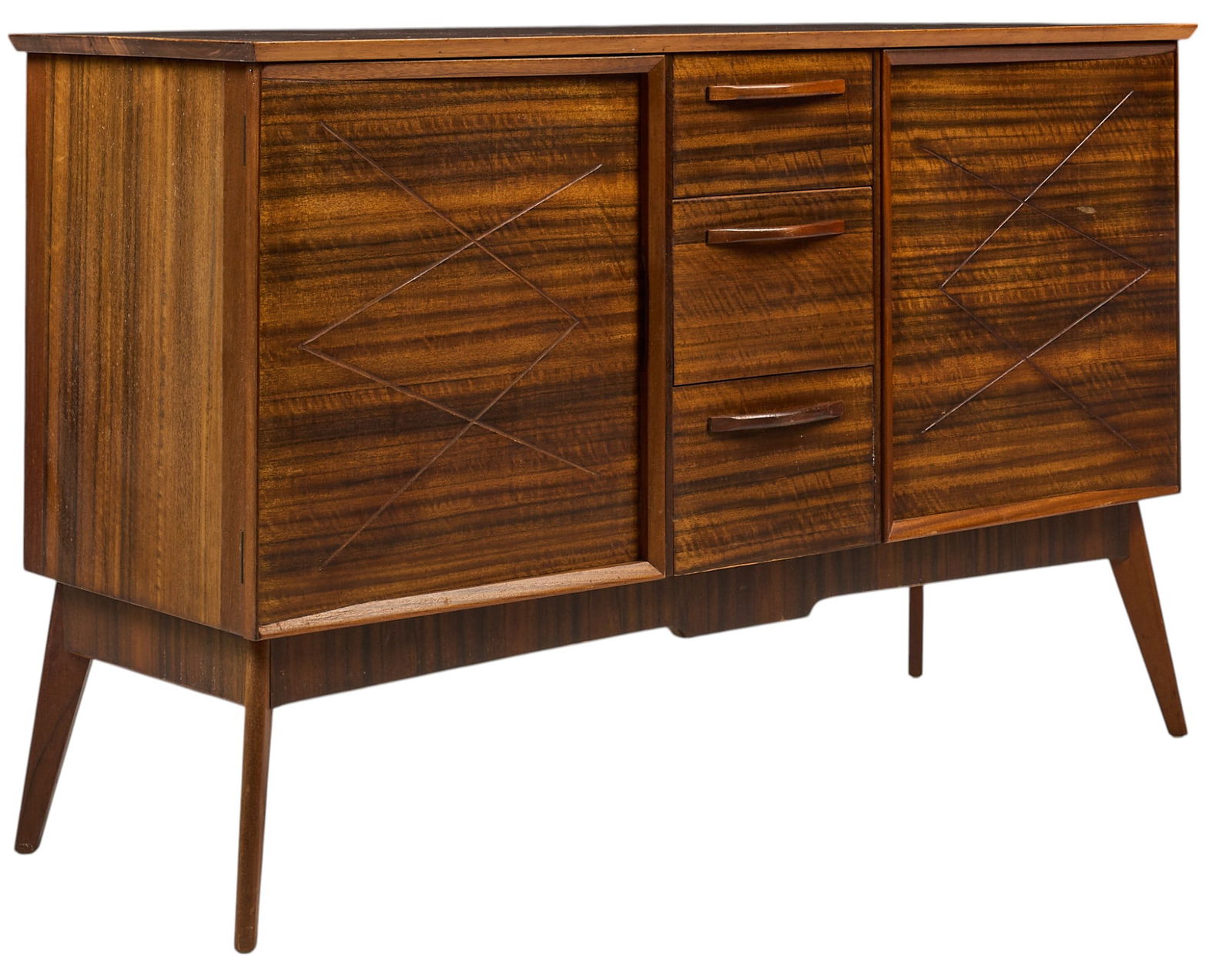 English Mid-Century Credenza: English mid-century credenza with three drawers and two cabinet doors, supported on splayed pin legs, marked with "AC" label height 35 in. x width 56 in. x depth 19 in.
