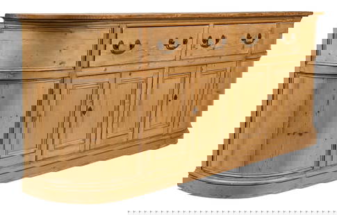Large Pine Sideboard: Large pine sideboard with curved sides, flanking two central drawers with metals pulls, above four cabinet doors opening to single-shelved storage height 40 in. x width 102.5 in. x depth 20 in. / widt