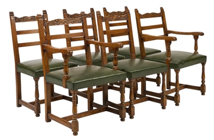 (6) Black Forest Carved Ladder Back Chairs