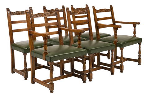 (6) Black Forest Carved Ladder Back Chairs: Set of six wooden ladder back chairs with carved Black Forest motifs, and green leather seats with rivet trim, supported on turned legs&nbsp; height 38 in. x width 23 in. x depth 22 in. / each
