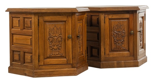 Pair of Carved Wood & Marble Top Side Tables