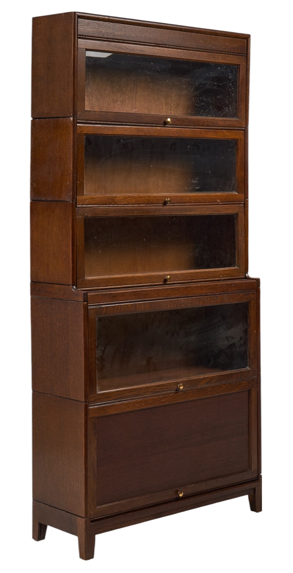 English Barrister Bookcase: English barrister bookcase with five modules, supported on block legs height 73 in. x width 34.5 in. x depth 12.5 in. 