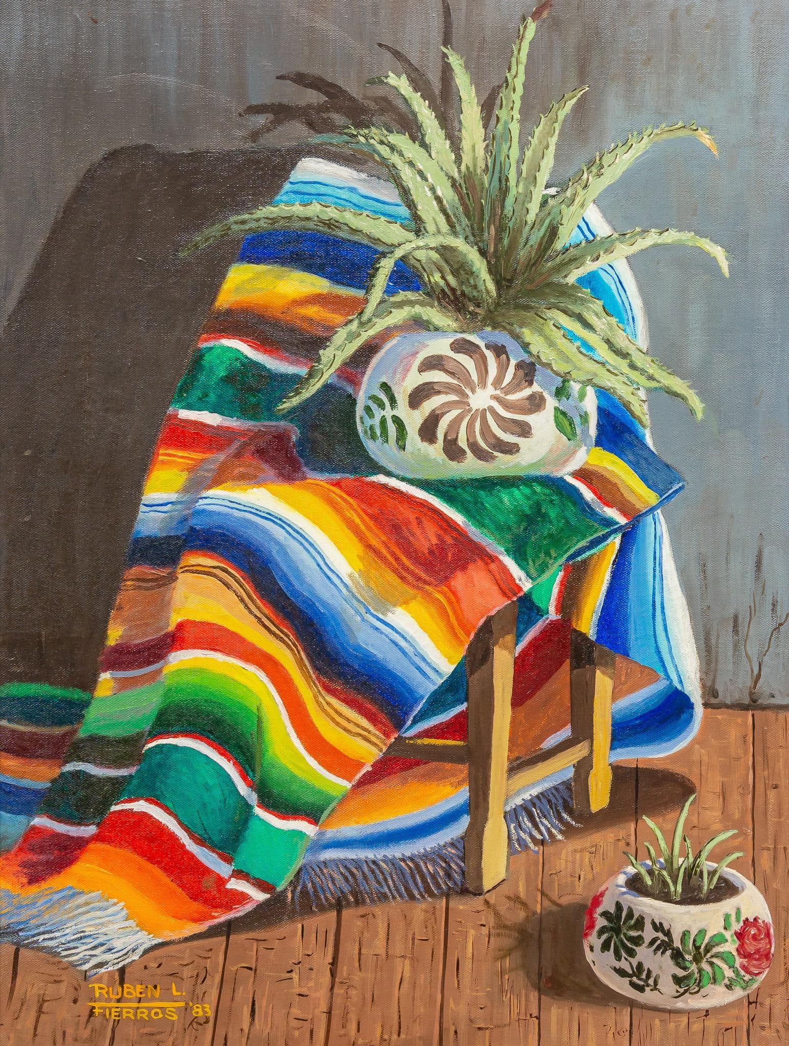 Ruben Fierros, Serape and Aloe: Ruben Fierros (b. 20th century), serape and aloe in Southwestern pit, 1983, oil on canvas sight: 23.5 x 17.5 in., frame: 32.5 x 26.5 in. Provenance: Property from a home in San Antonio, Texas
