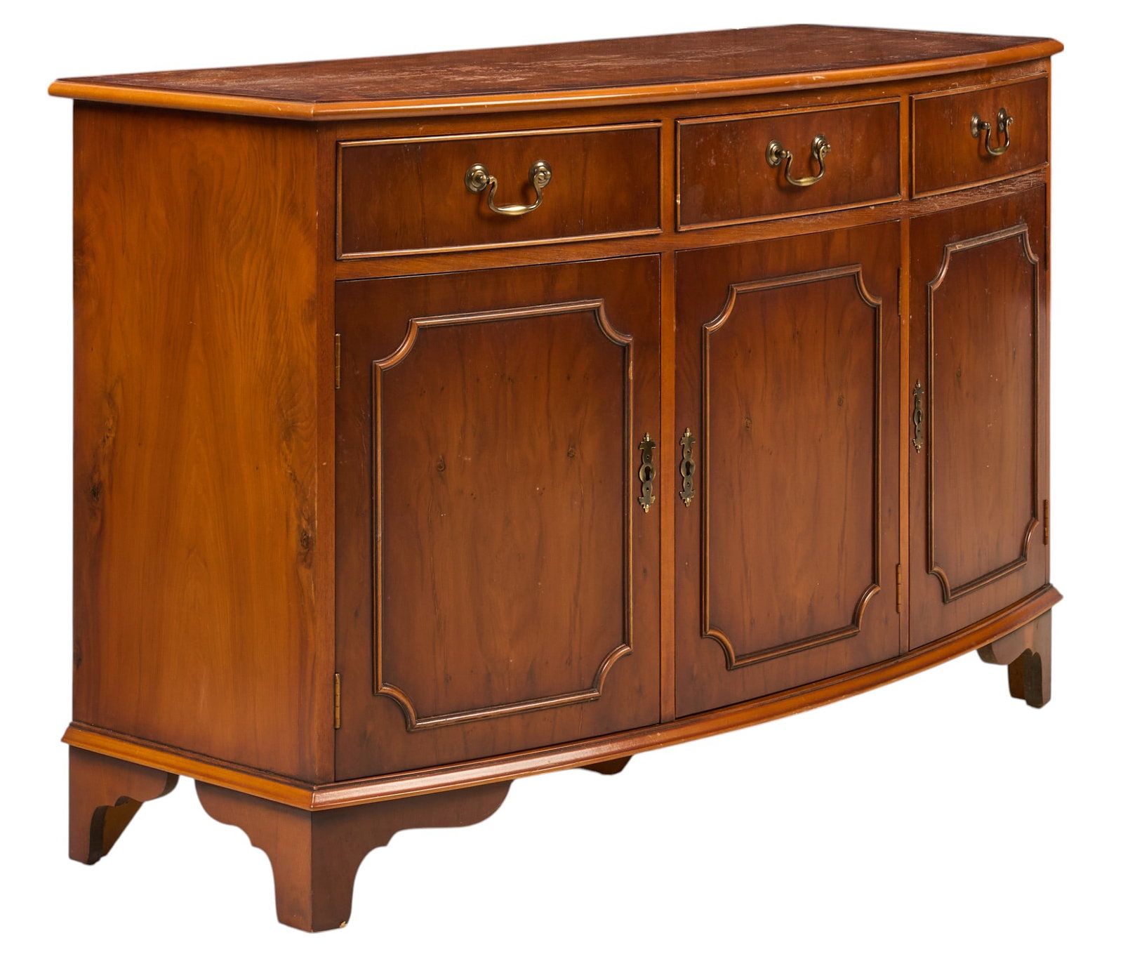 Mahogany Buffet: Mahogany buffet with three drawers with brass pulls, above three cabinet doors supported on bracket feet height 32 in. x width 48 in. x depth 20 in. Condition: Cabinet doors are locked