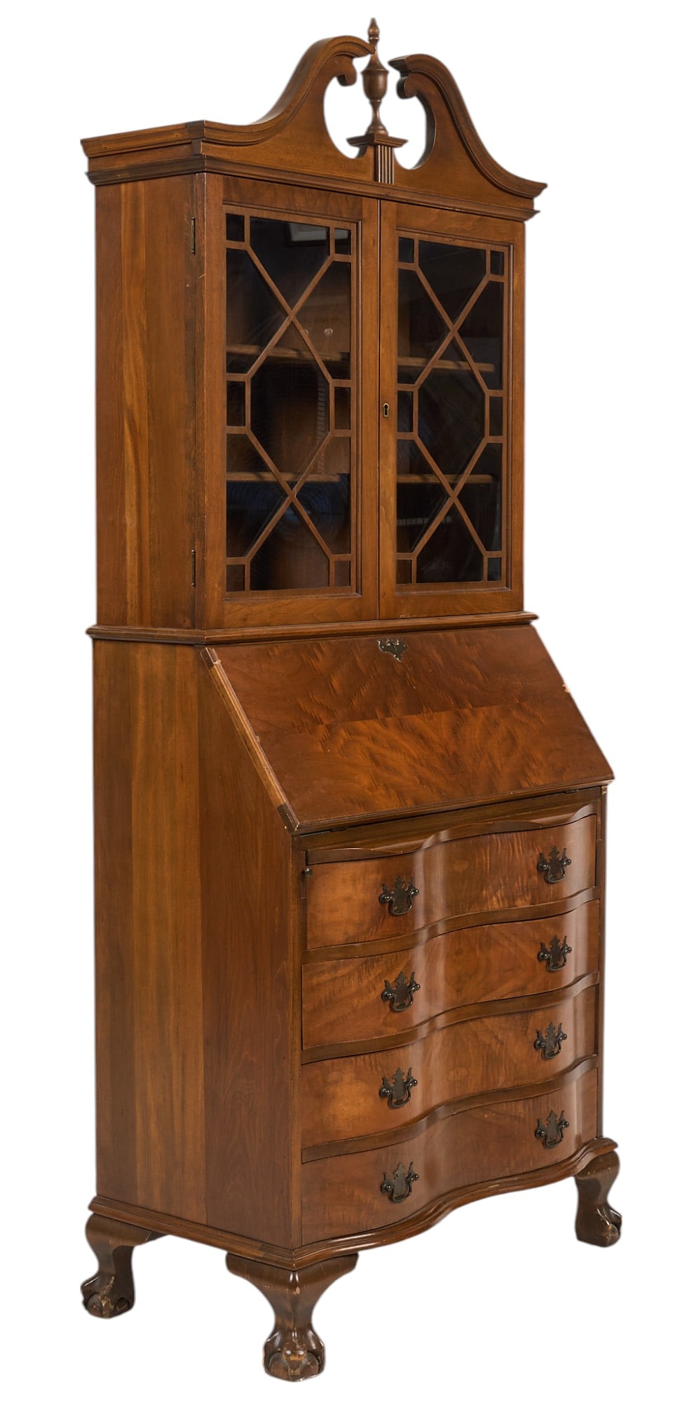 Secretary: Secretary with bonnet top, glass-paneled cabinet doors opening to shelved interior, hinged door opening to filing cubbies and drawers, above four drawers with metal pulls, on ball and claw feet h
