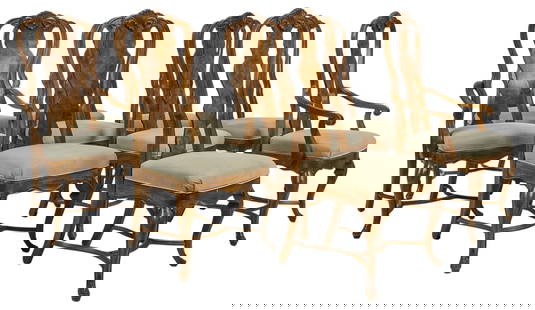 Set of (10) Dining Chairs: Set of ten dining chairs with pierced and shaped back, upholstered seats, and cabriole legs height 44.5 in. x width 23 in. x depth 24 in. Provenance: Property from a home in San