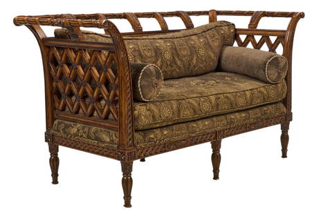 French Style Cushioned Settee: French style settee on carved wood frame with&nbsp;lattice back and sides, with&nbsp;upholstered cushions and two throw pillows, on turned legs height 37 in. x width 65 in. x depth 30 in. Provenance: