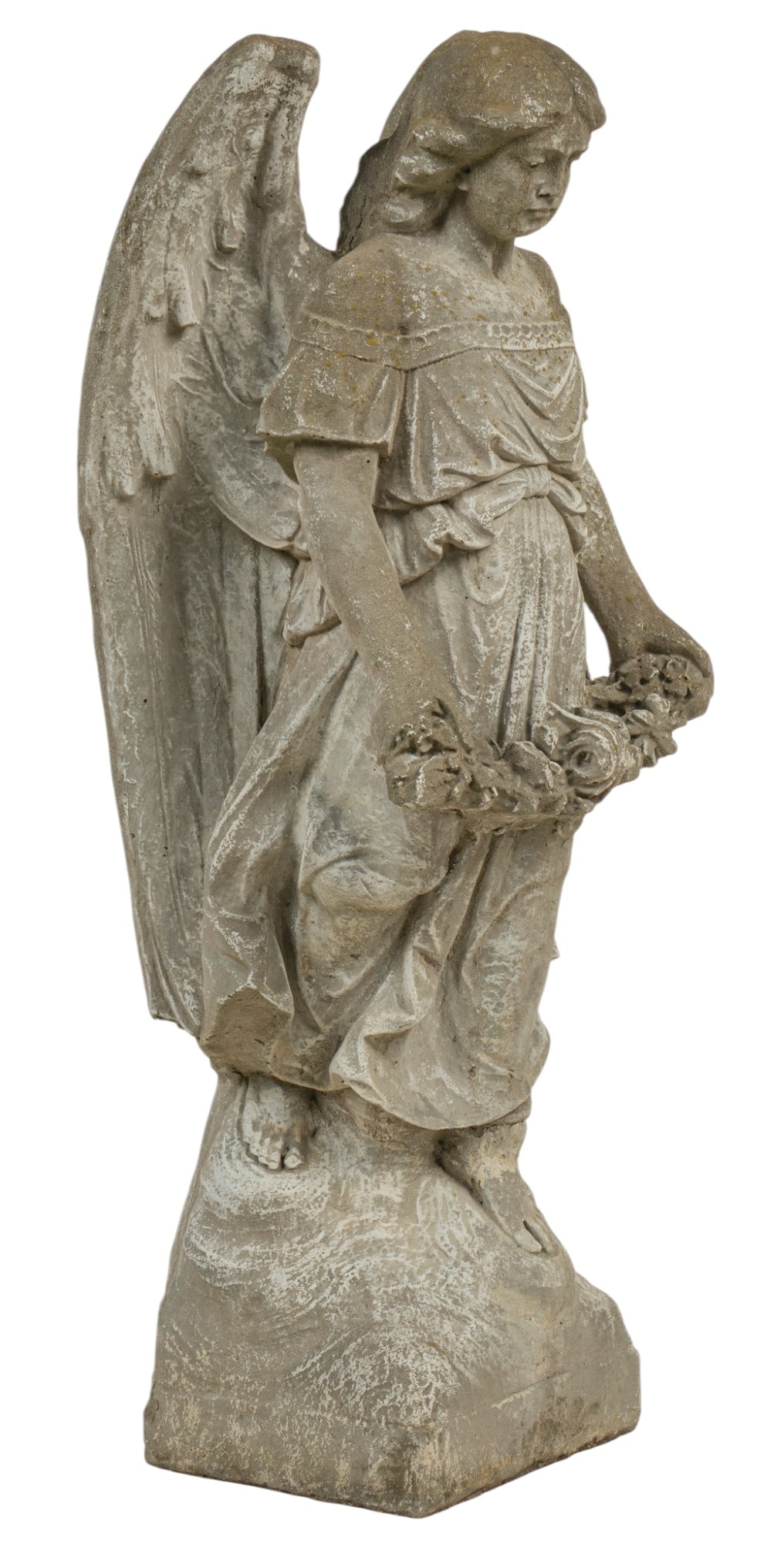 Concrete Angel Sculpture: Concrete garden sculpture of a winged angel holding a wreath of flowers height 43 in. x width 15 in. x depth 14 in. Provenance: Property from a home in San Antonio, Texas