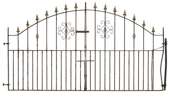 Pair of Wrought Iron Gates: Pair of wrought iron gates with spiked finials height 58.5 in. x width 104 in. x depth 1.5 in. / together