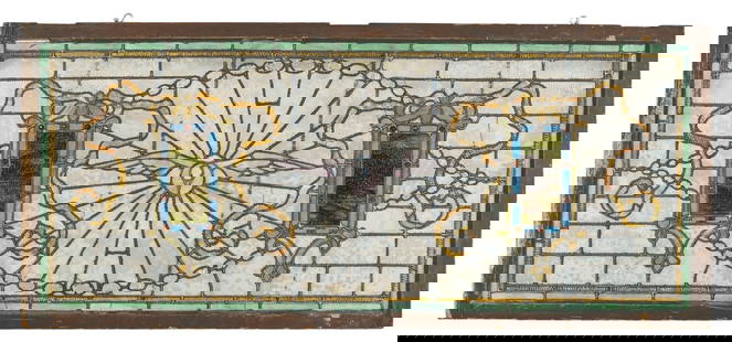 Dove Motif Stained Glass Window: Rectangular stained glass window featuring a central dove motif with radiating lines, and&nbsp;decorative elements height 33 in. x width 72 in. x depth 2 in.&nbsp; &nbsp;