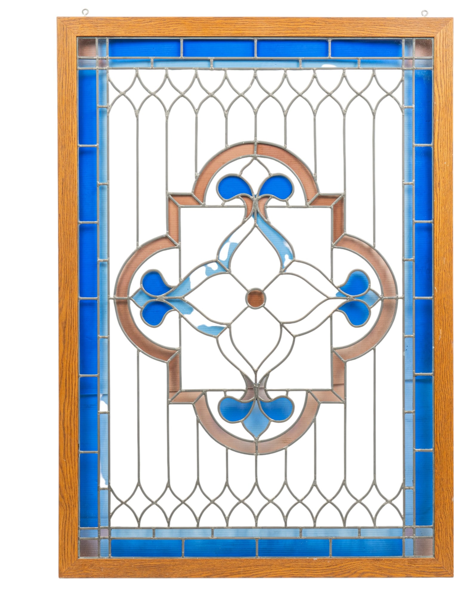 Stained Glass Panel: Stained glass panel with central floral detail, in frame height 58.5 in. x width 41.5 in. x depth 1 in. Provenance: Property from the collection of a San Antonio, Texas oil and gas entrepreneur